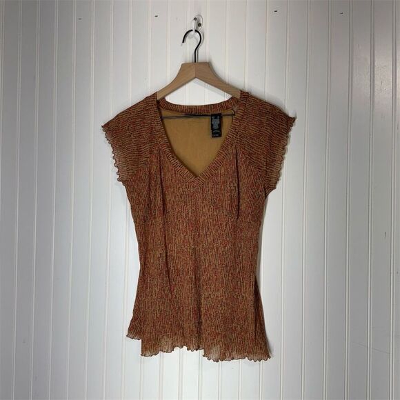 Axcess Liz Claiborne XL Micropleated Crinkle Mesh Top Brown Red Y2K Cottagecore - Picture 2 of 8